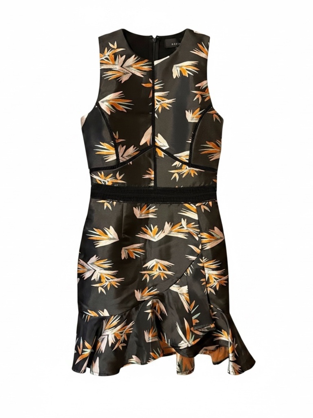 Adelyn Rae Satin Sleeveless Ruffle Hem Dress Bird of Paradise Black Orange Sz XS